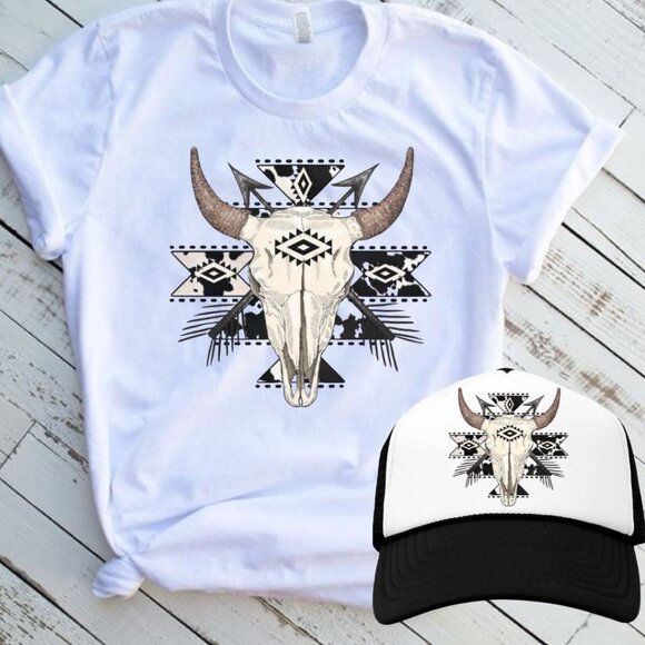 Western Bull Skull Custom T-shirt and Trucker Hat Set Bundle - Picture 1 of 2